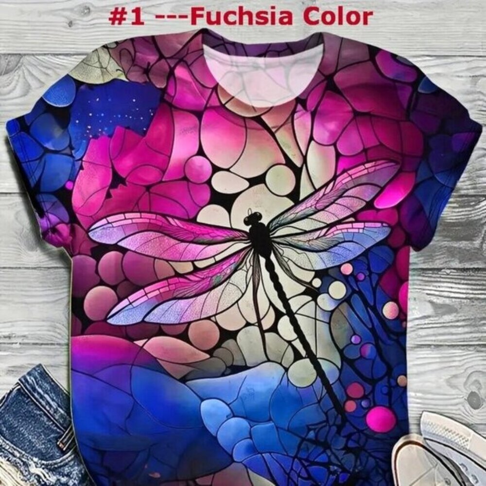 Fuchsia Color New- Plus Size Dragonfly Print T-Shirt Sizes 1xl to 6xl -